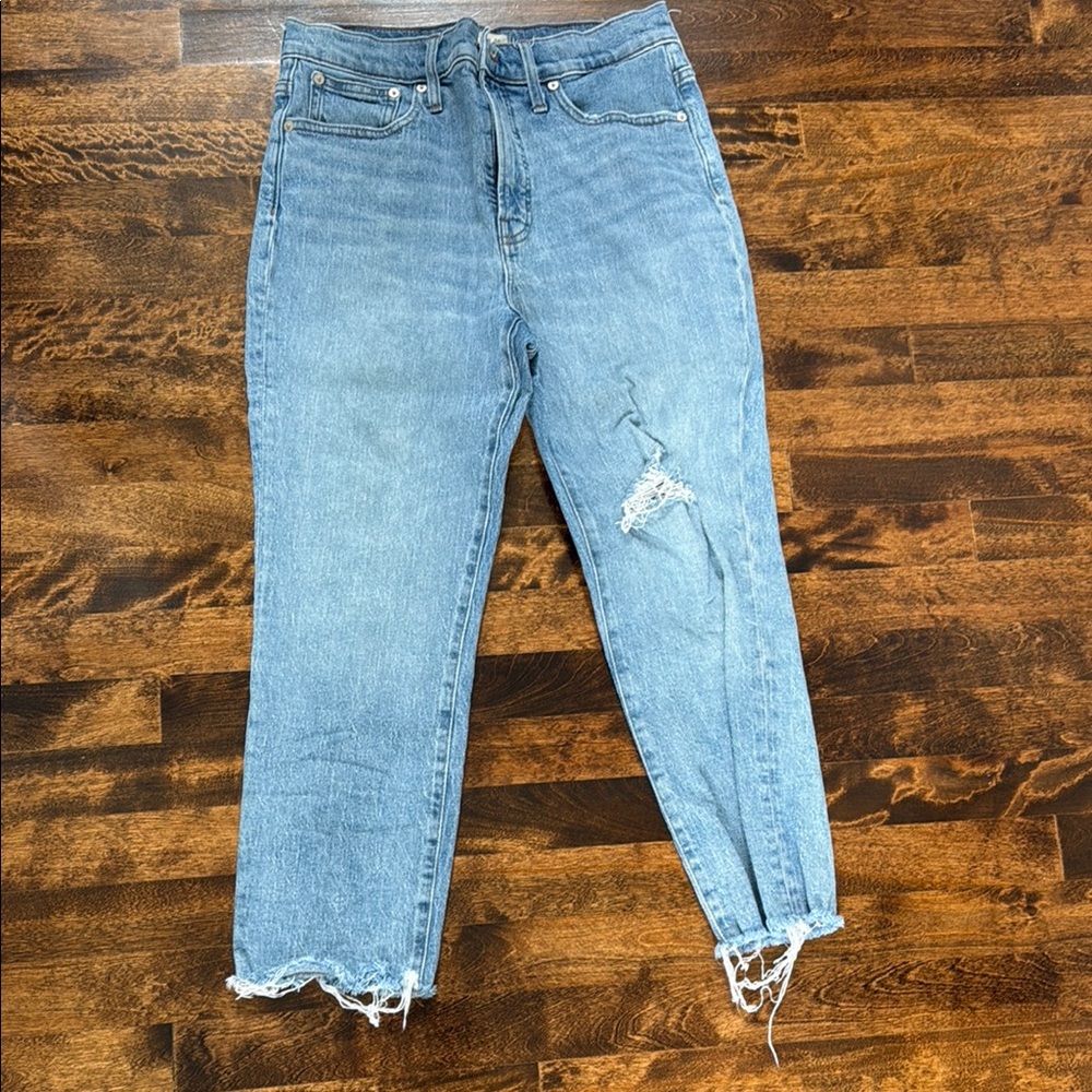 Madewell Blue Straight Leg Jeans with Distressed Details